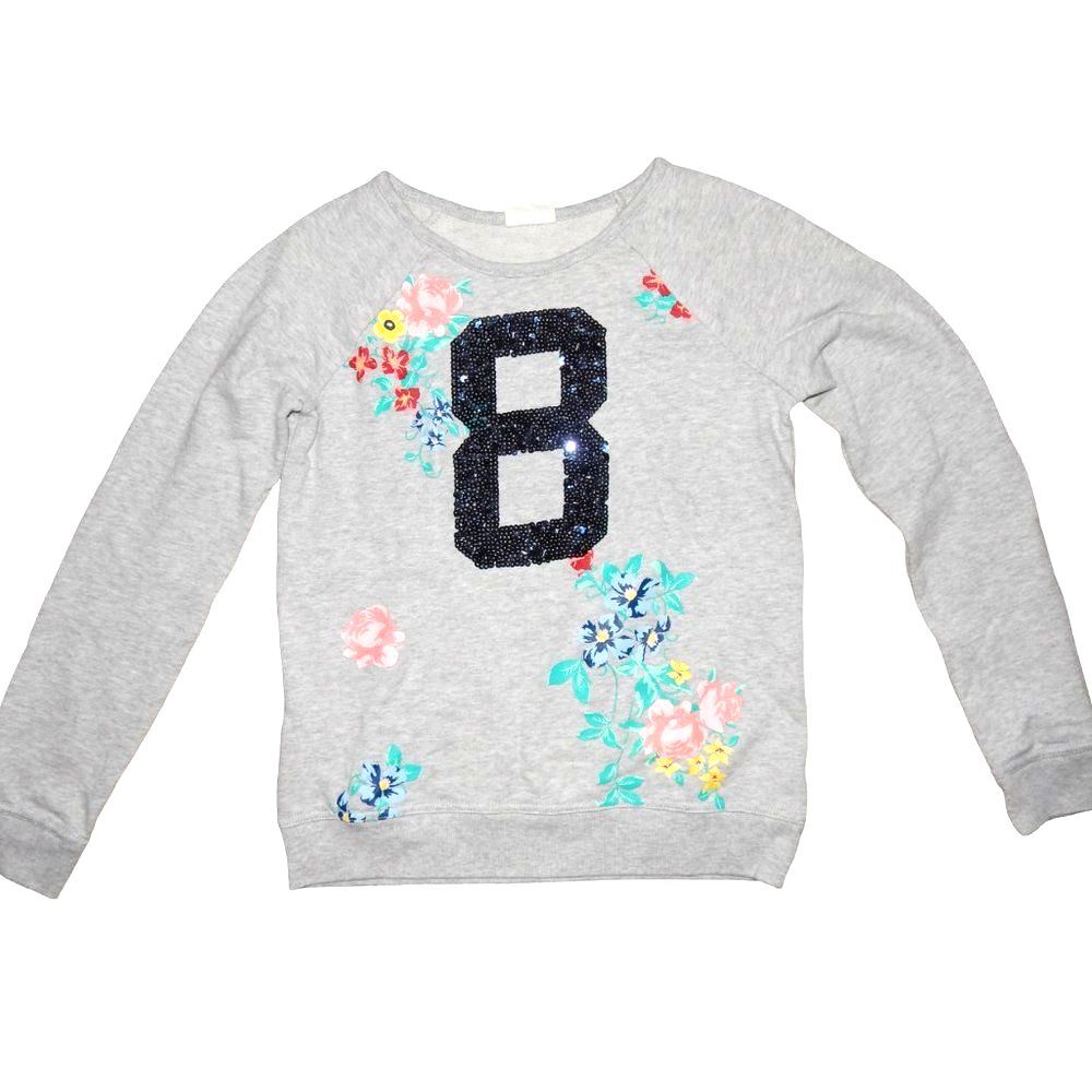 Crazy 8 Gray Sequin Floral #8 Pullover Sweatshirt Sweater Girls Size 14 XL EUC
